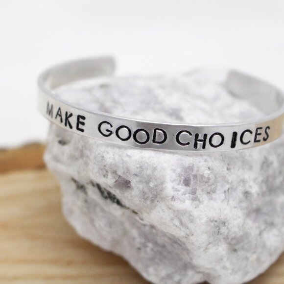 Make Good Choices - Hand Stamped Anodized Aluminum Bangle - Adjustable - Picture 5 of 10
